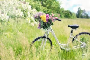 Imagen bicicleta en campo de flores